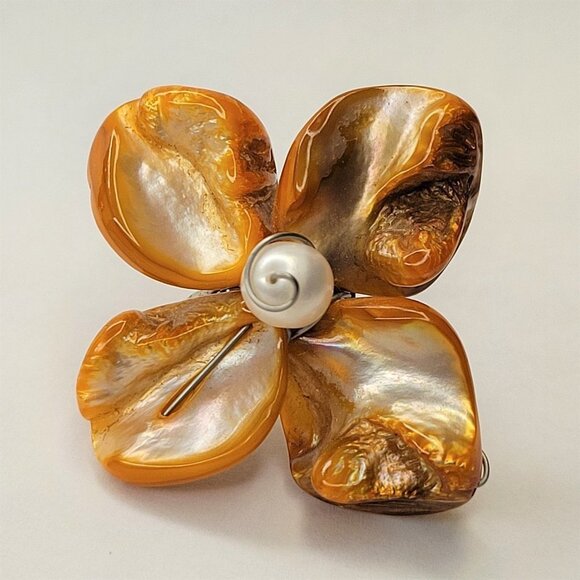 Orange Sea Shell Freshwater Pearl Bead Asymmetric Flower Adjustable Ring - Picture 2 of 13